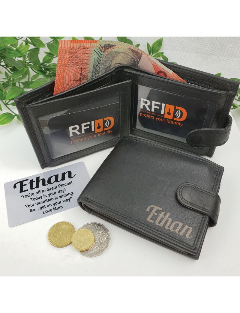 Graduation Personalised Mens Black Leather Wallet RFID