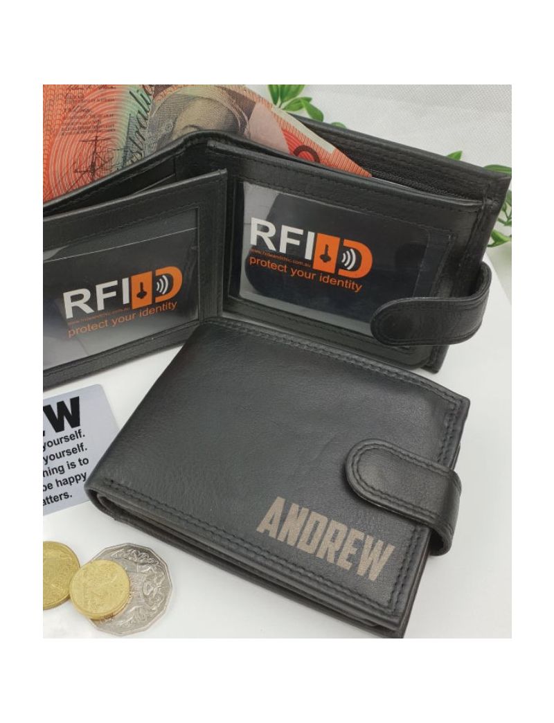 Personalised Black Mens Black Leather Wallet RFID