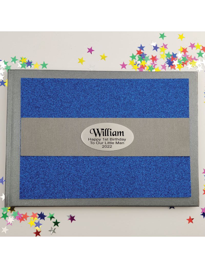 1st Birthday Personalised  Glitter Guest Book- Blue