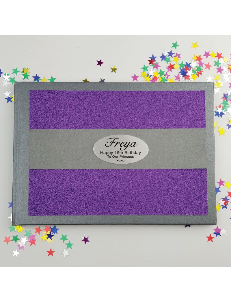 16th Birthday Personalised  Glitter Guest Book- Purple
