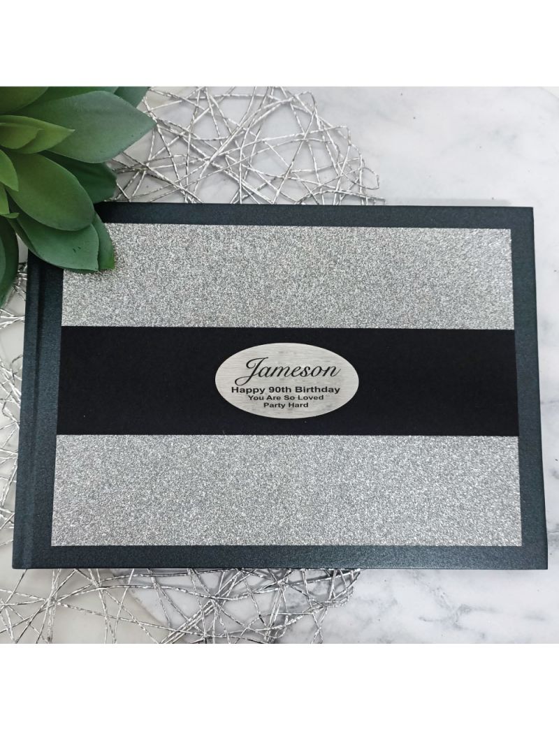 90th Birthday Guest Book Black Album Silver Glitter
