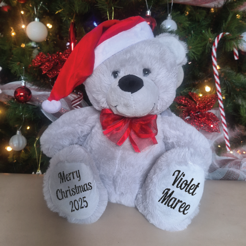 Christmas Teddy Bear Grey 30cm Red Hat