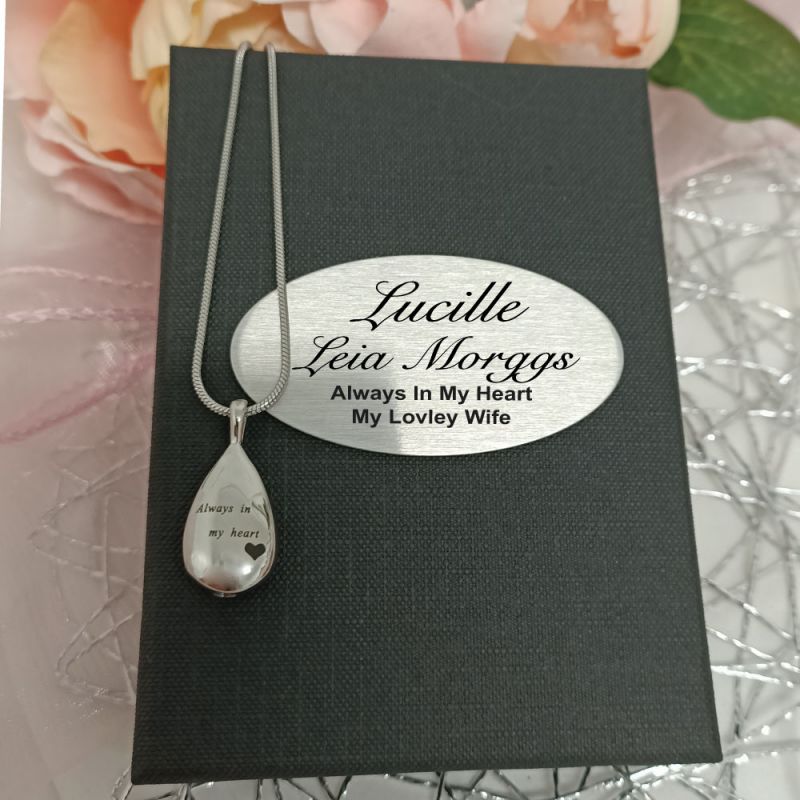 In my Heart Tear Drop Urn Ash Necklace in Personalised Box