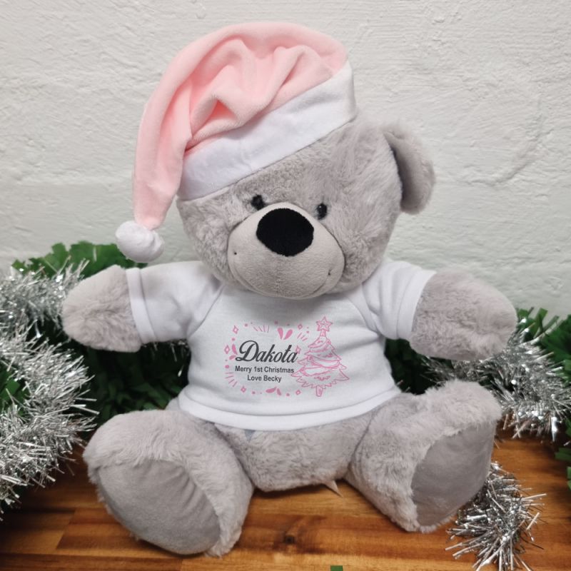 Personalised Christmas Bear 30cm Grey Pink Hat