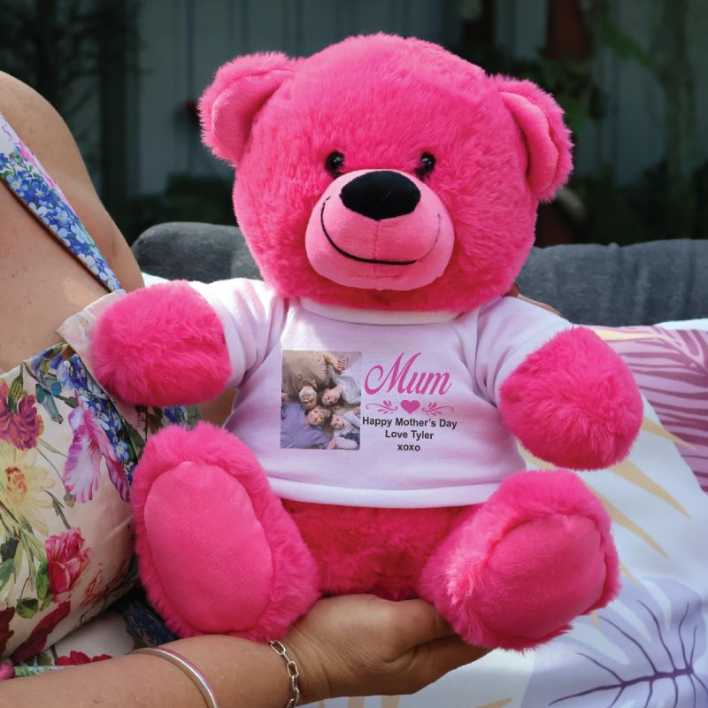 Mum Personalised Photo Bear Hot Pink 30cm