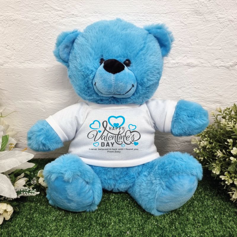 Happy Valentines Day Bear Bright Blue Plush 30cm