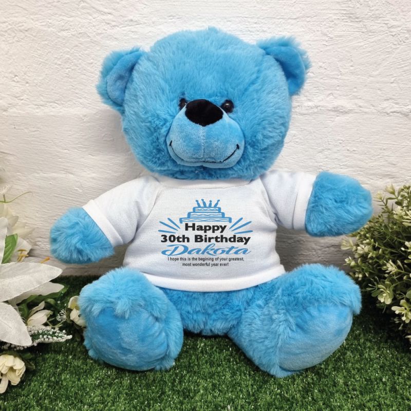 Personalised 30th Birthday Party Bear Bright Blue Plush 30cm
