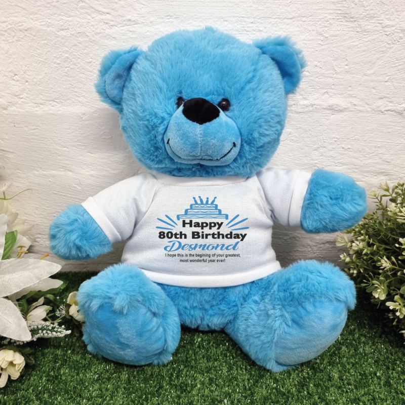 80th Birthday party Bear Bright Blue Plush 30cm