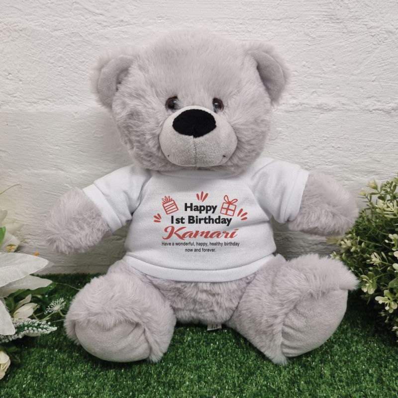 Personalised 1st Birthday Bear Grey Plush 30cm