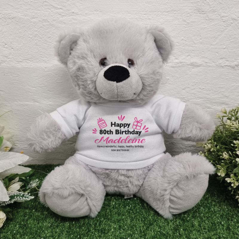 80th Birthday T-Shirt Teddy Bear Grey Plush 30cm