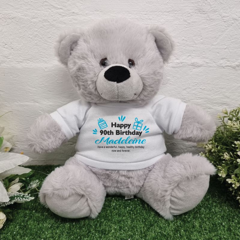 90th Birthday T-Shirt Teddy Bear Grey Plush 30cm