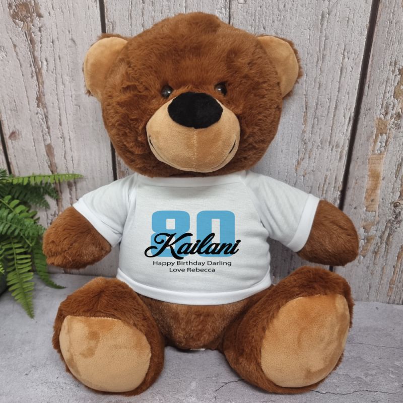 80th Birthday Personalised Bear with T-Shirt - Brown 40cm