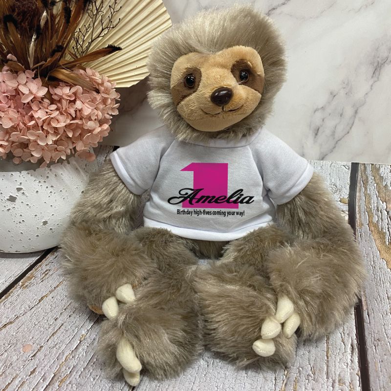 1st Birthday Sloth Plush with Personalised Shirt