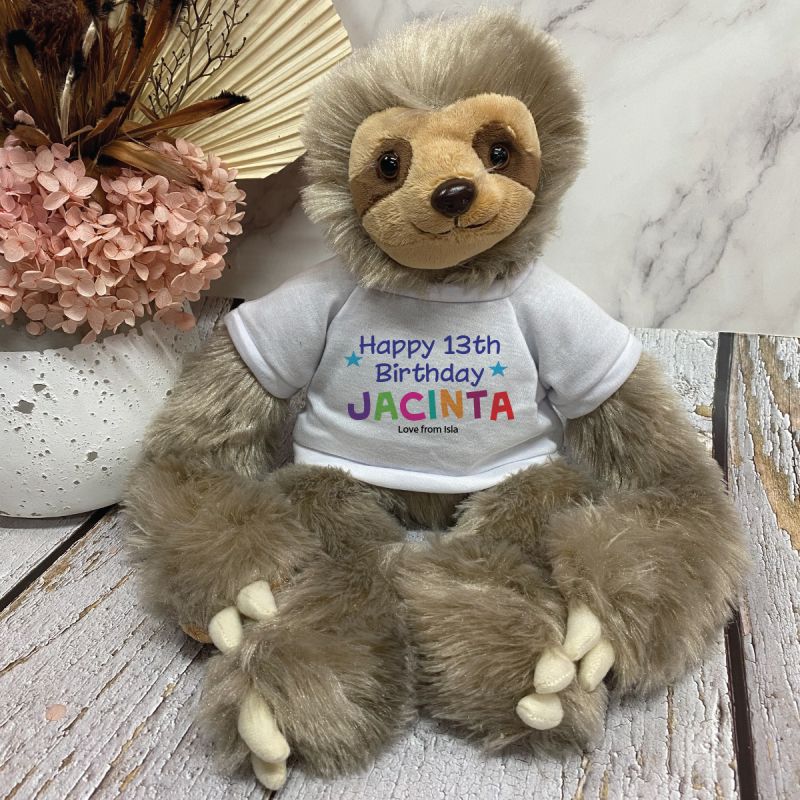 13th Birthday Sloth Plush with Rainbow Print