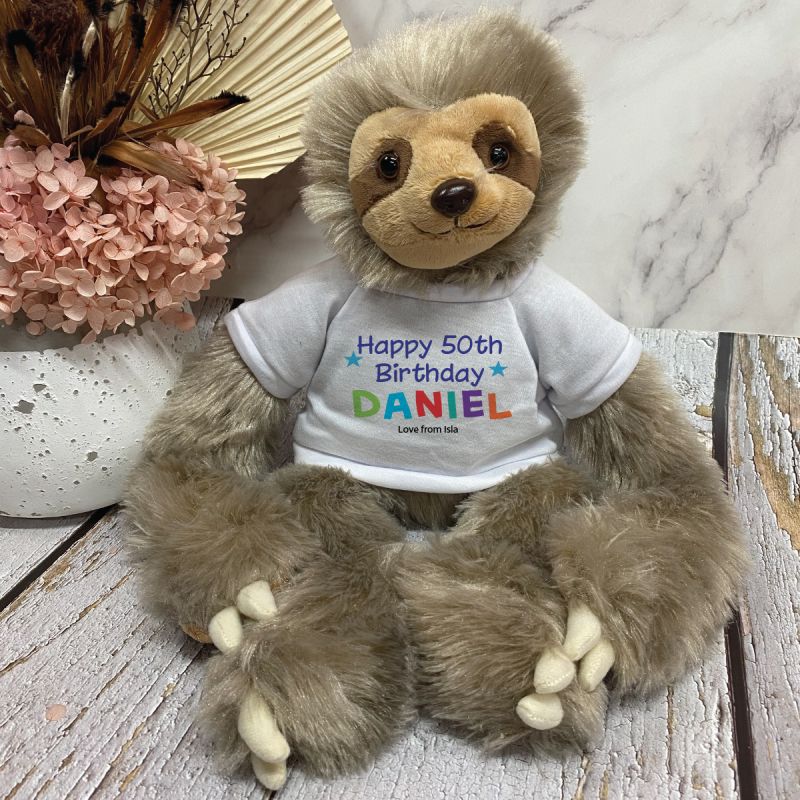 50th Birthday Sloth Plush with Rainbow Print