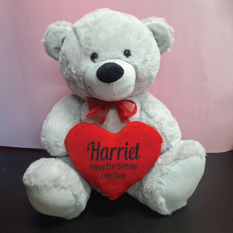 Birthday Bear With Red Heart Grey 40cm