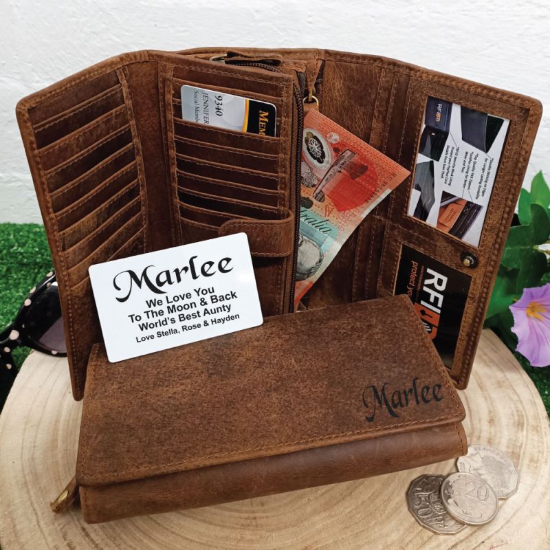 Personalised Brown Leather Purse RFID - Aunty