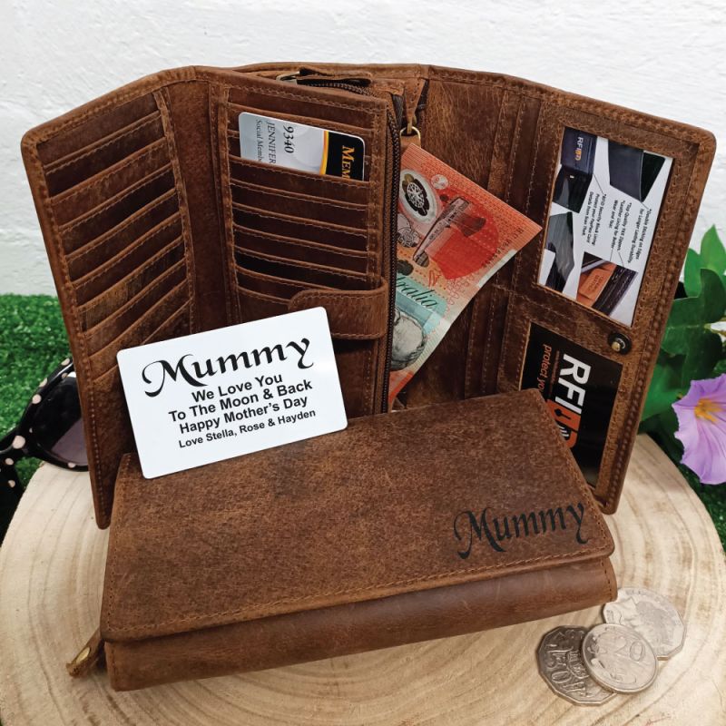 Personalised Brown Leather Purse RFID - Mum