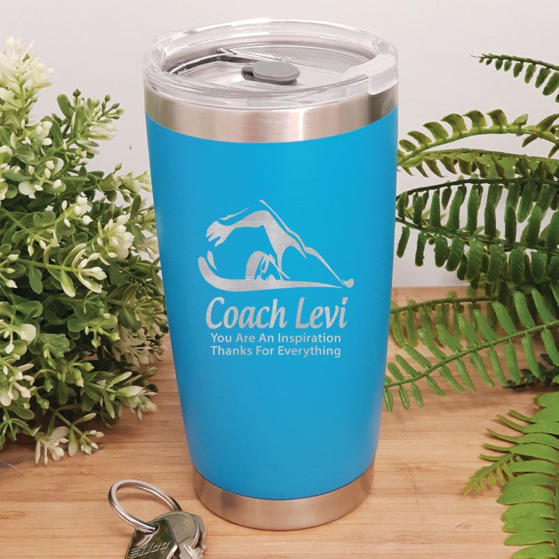 Swim Coach Engraved Insulated Travel Mug 600ml Light Blue