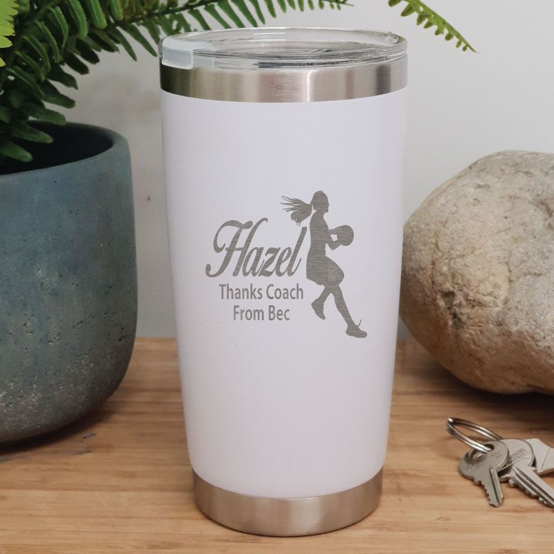Netball  Coach Engraved Insulated Travel Mug 600ml White