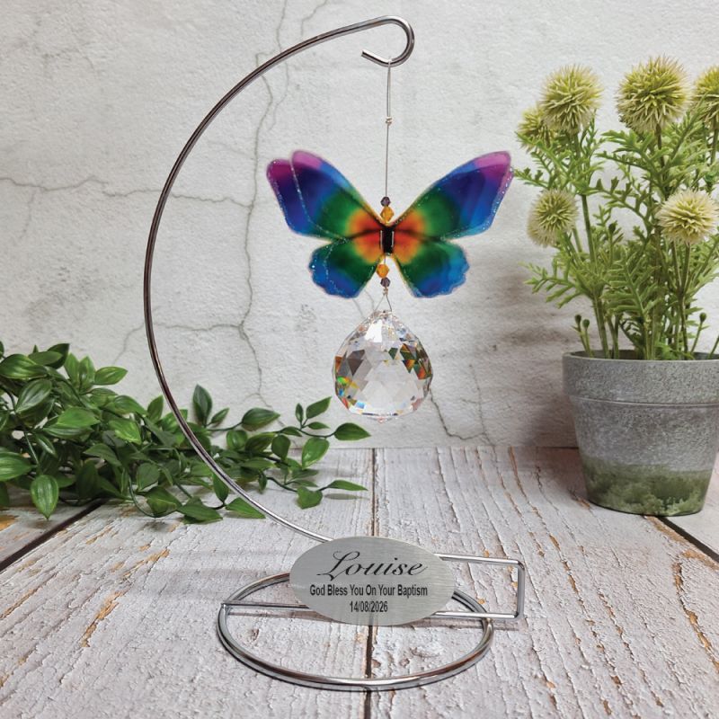 Rainbow Butterfly Suncatcher on Stand with Christening Plaque