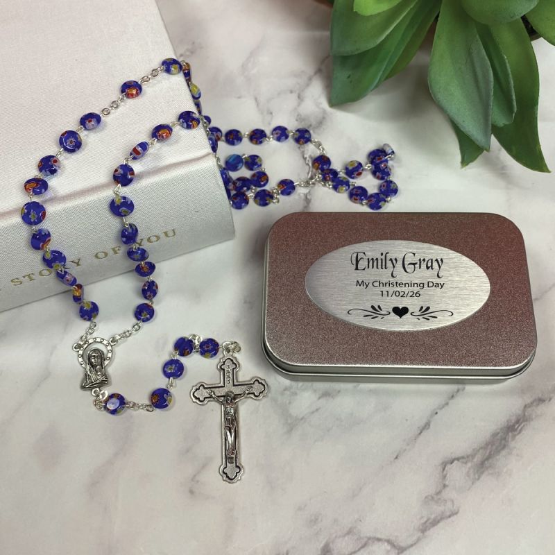 Christening Blue Murano Rosary Beads Personalised Tin