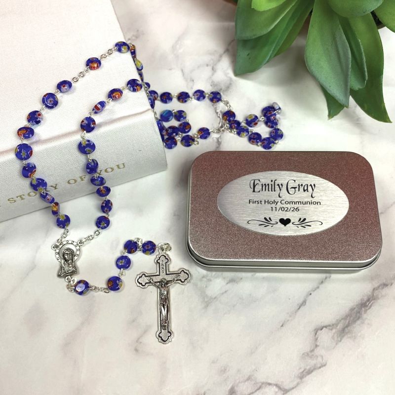 Communion Blue Murano Rosary Beads Personalised Tin