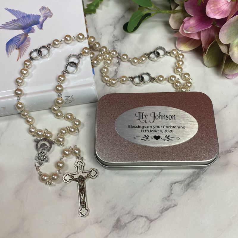 Christening Pearl Rosary Beads Personalised Tin