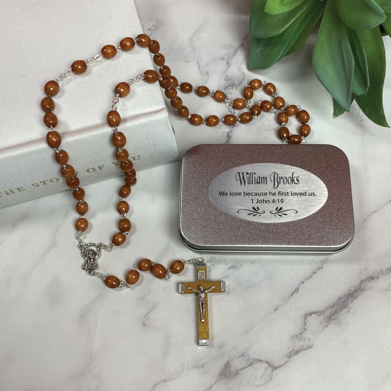 Wooden Rosary Beads Personalised Tin