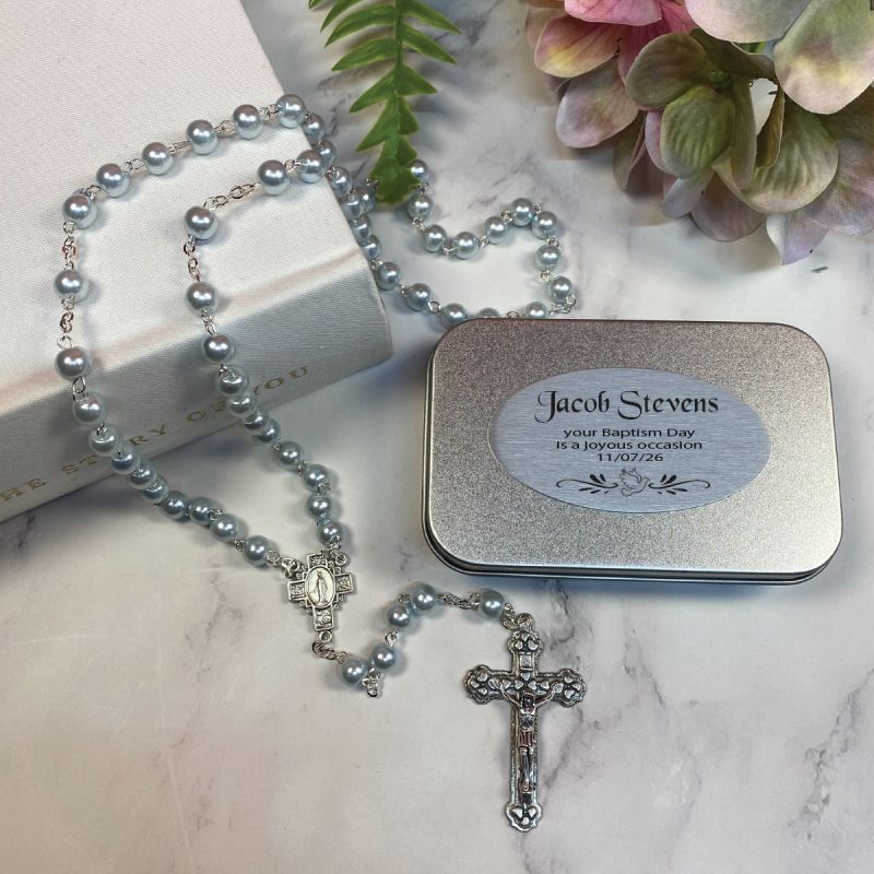 Baptism Blue Pearl Rosary Beads Personalised Tin
