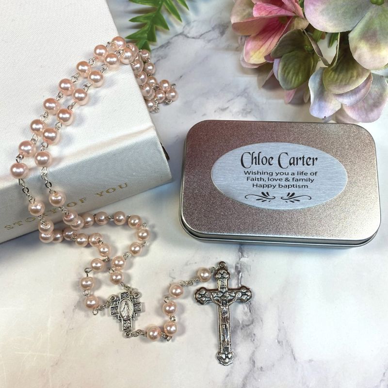 Baptism Pink Pearl Rosary Beads Personalised Tin