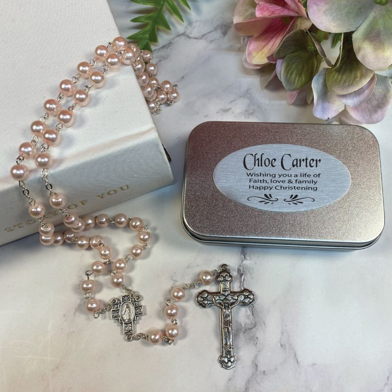 Christening Pink Pearl Rosary Beads Personalised Tin