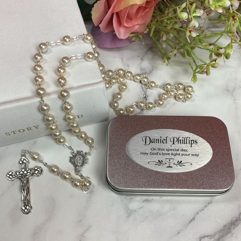 Pearl Rosary Beads Personalised Baptism Tin