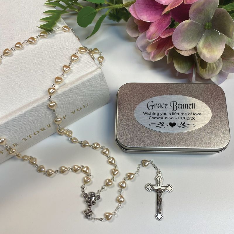 Holy Communion Heart Pearl Rosary Beads in Tin
