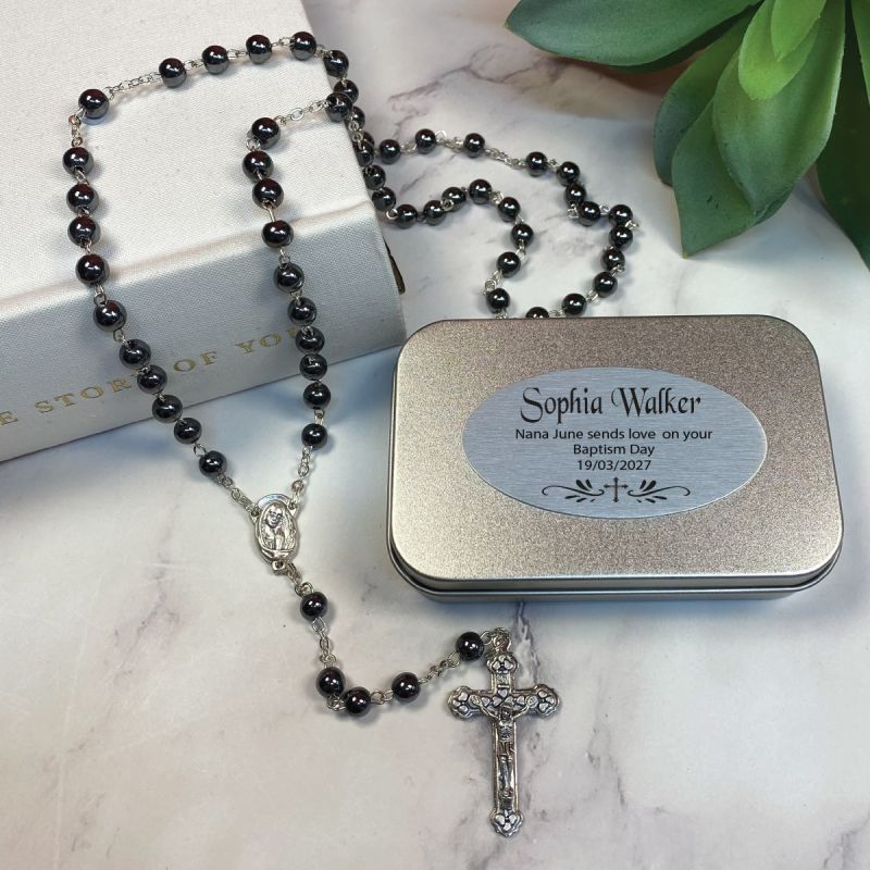 Baptism Rosary Beads Hematite Personalised Tin
