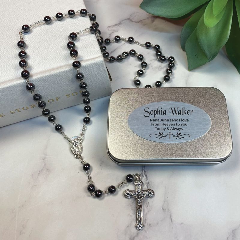Hematite Rosary Beads Personalised Tin