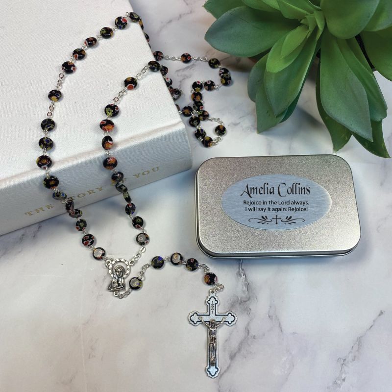 Black Murano Baptism Rosary Beads Personalised Tin
