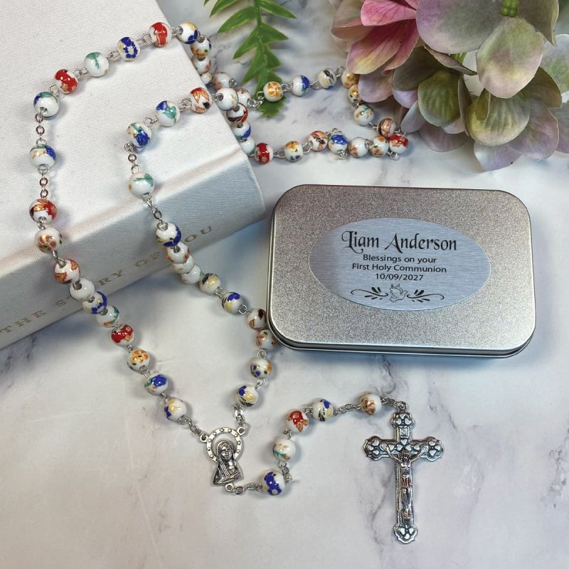 Holy Communion White Ceramic Rosary Beads Personalised Tin
