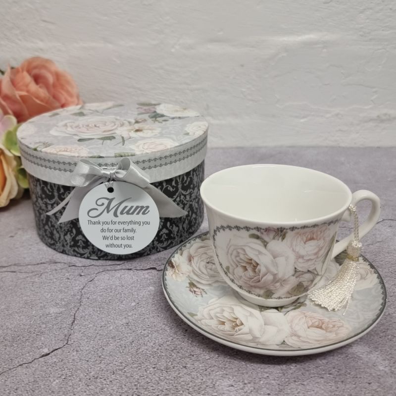 White Rose Cup & Saucer in Mum Gift Box