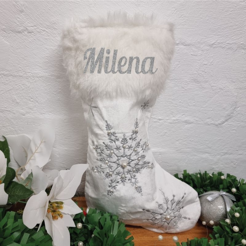 Christmas Stocking Silver Snowflake Plush