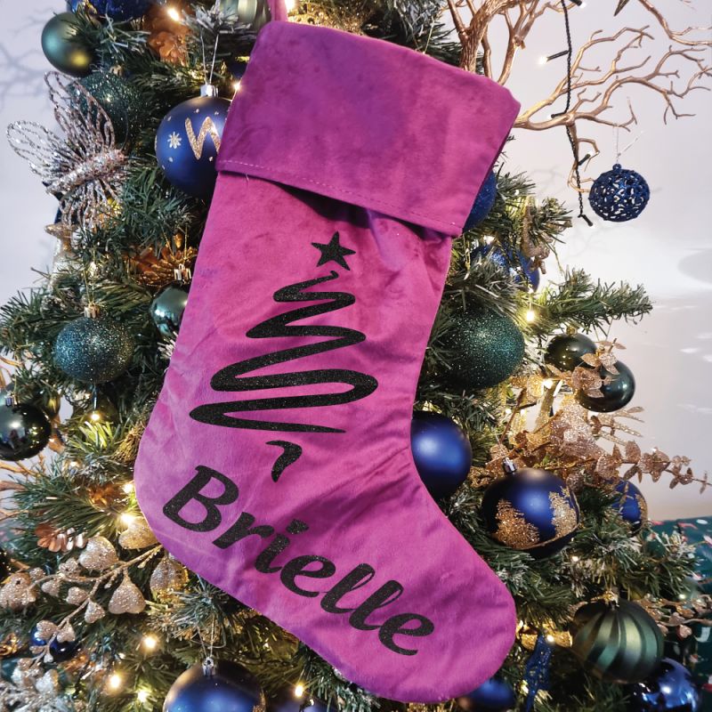 Personalsied Christmas Stocking Magenta Velvet Tree