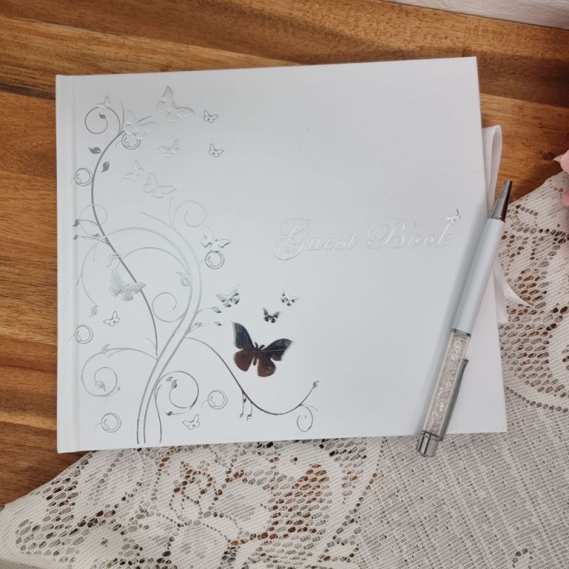  Guest Book White Silver Butterfly