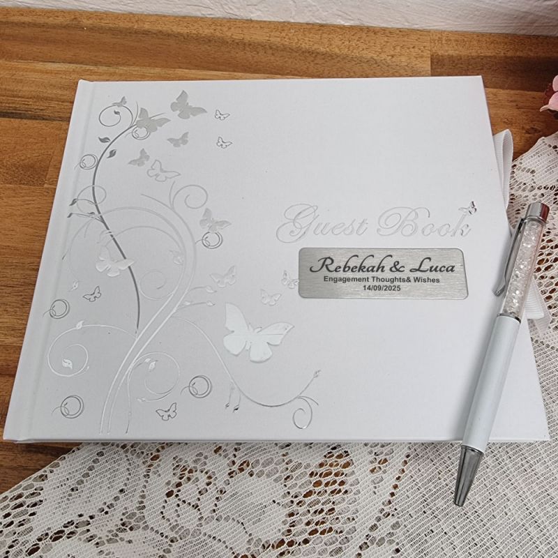 Engagement Personalised Guest Book White Silver Butterfly