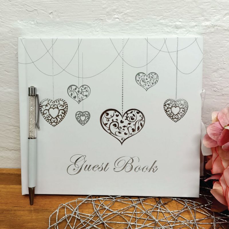  Guest Book White Silver Hearts