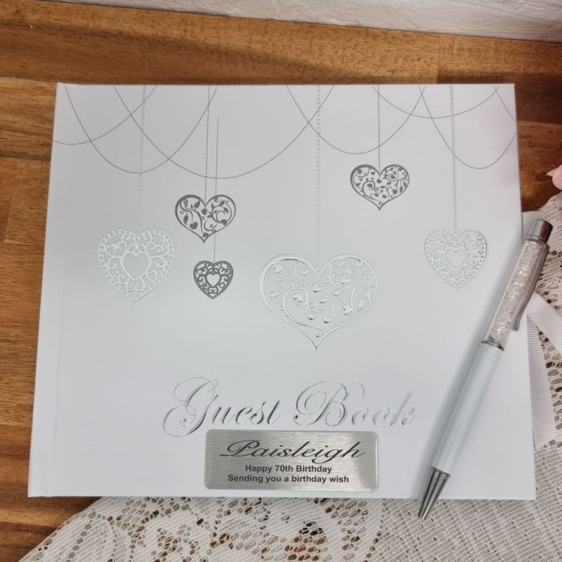Personalised 70th Birthday Guest Book White Silver Hearts