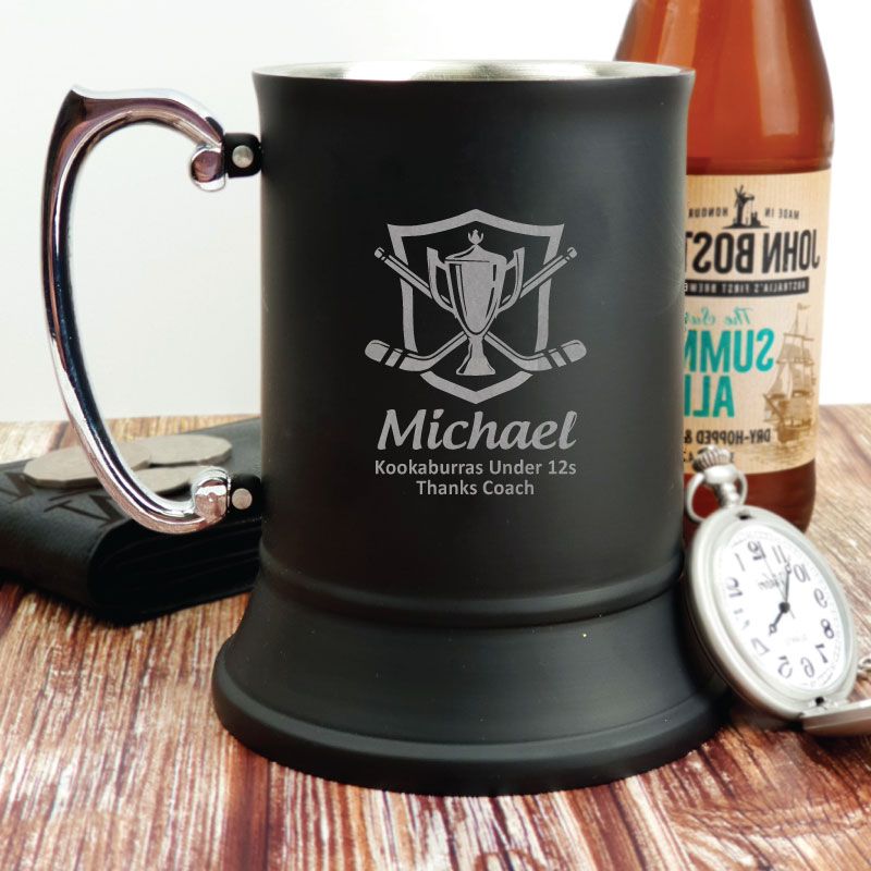 Hockey Coach Engraved Black Beer Stein Mug