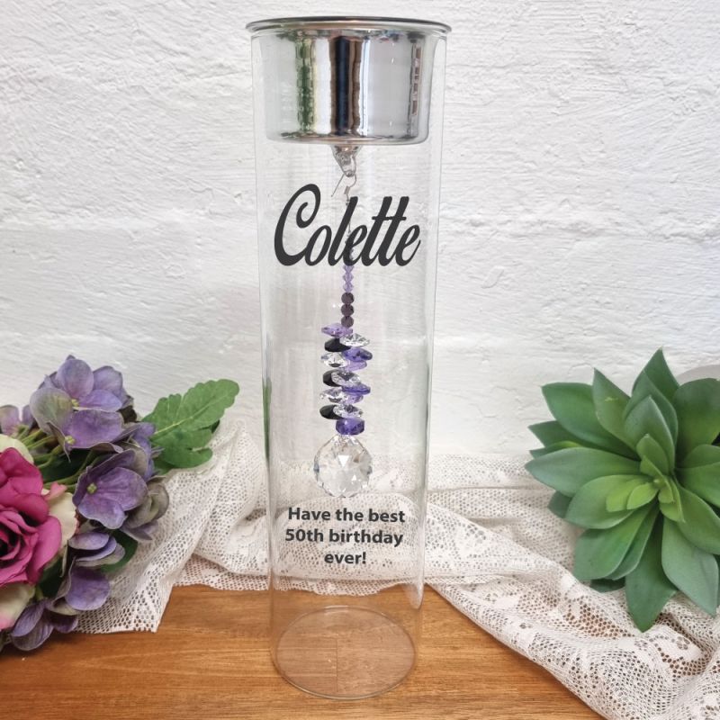 50th Birthday Candle Holder with Purple Suncatcher