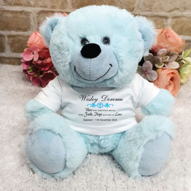 Baptism Personalised Teddy Bear Light Blue Plush