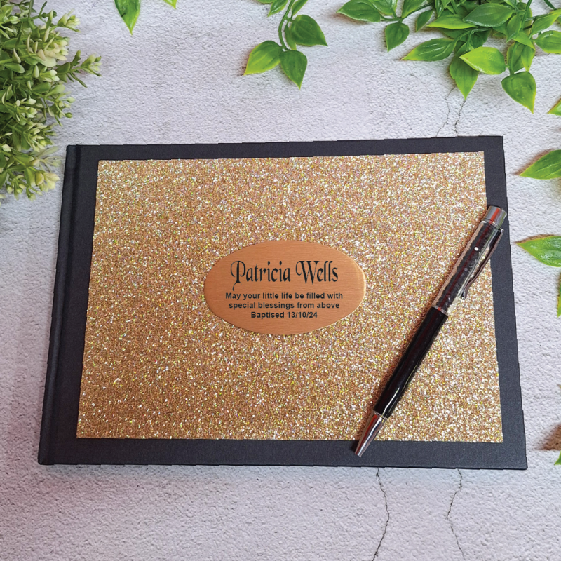 Baptism Guest Book Album Gold Glitter & Pen