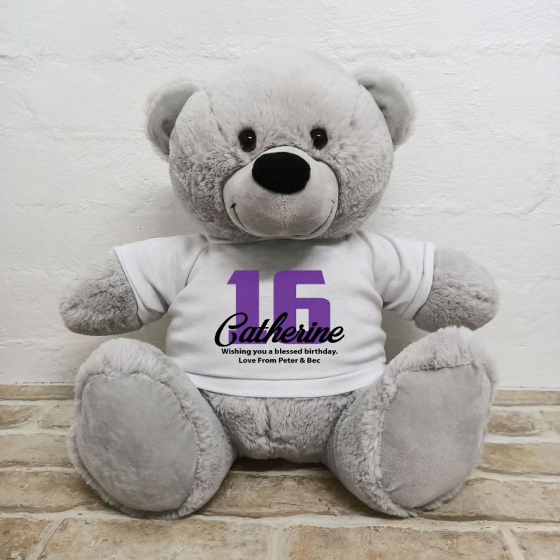 16th Birthday Personalised Bear with T-Shirt - Grey 40cm